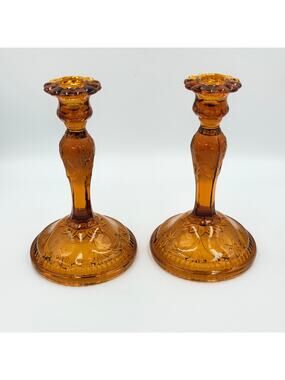 Brockway Indiana Glass Large Tiara Amber Sandwich Candlesticks 9" Set